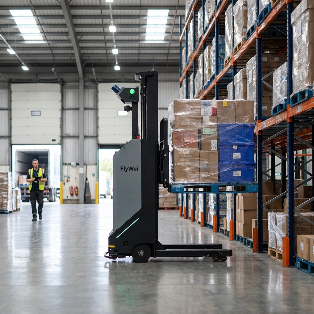 Controllore AGV con classificazione di sicurezza SIL-2 all'interno di un carrello elevatore controbilanciato autonomo nel Regno Unito presso un DC di ingegneria a Magna Park, ingegnere degli acquisti che osserva la telemetria del controllore — controllori agv