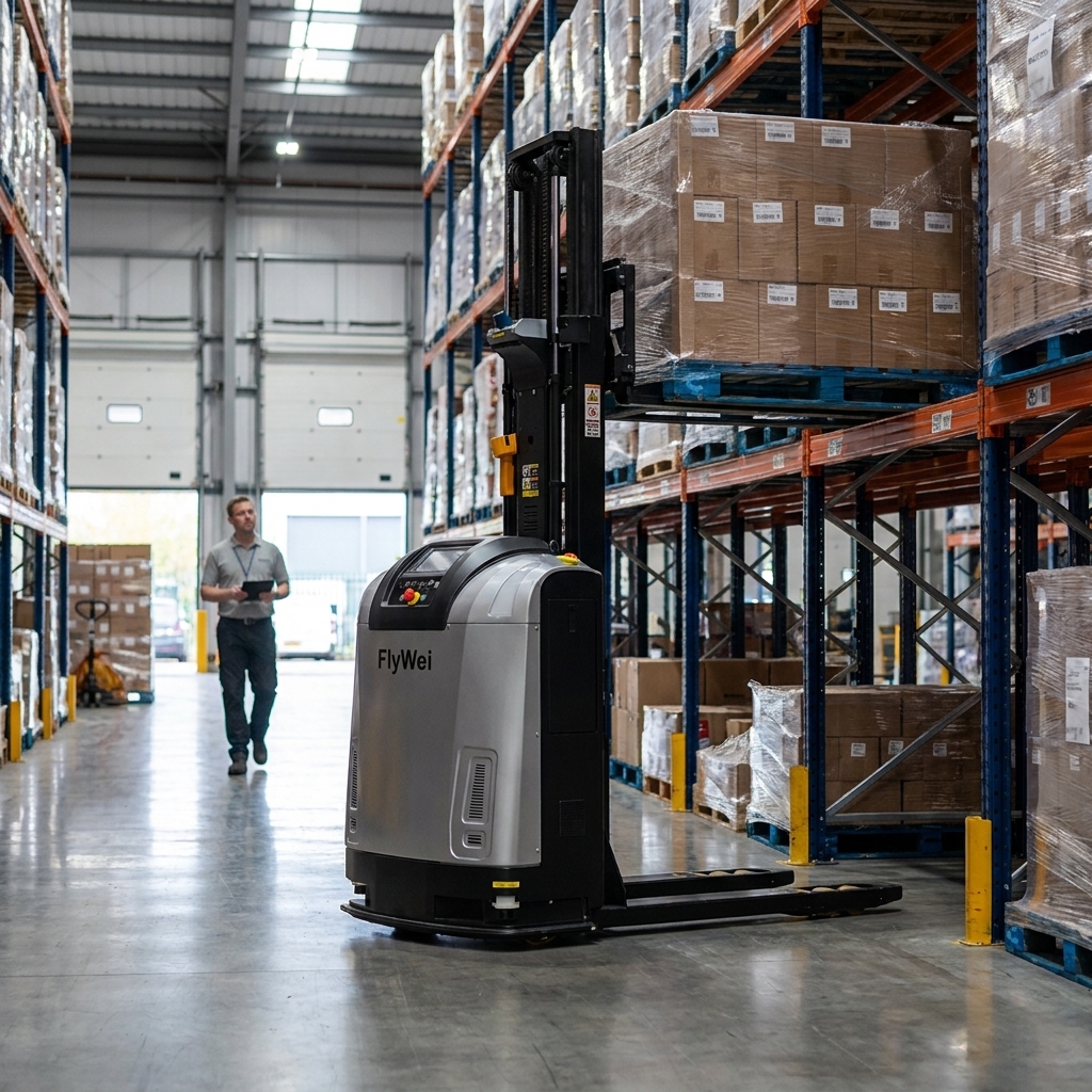 Autonomer fahrerloser Gabelstapler (AGV) bewegt eine schrumpfverpackte Palette zu einer Laderampe in einem britischen FMCG-Lager