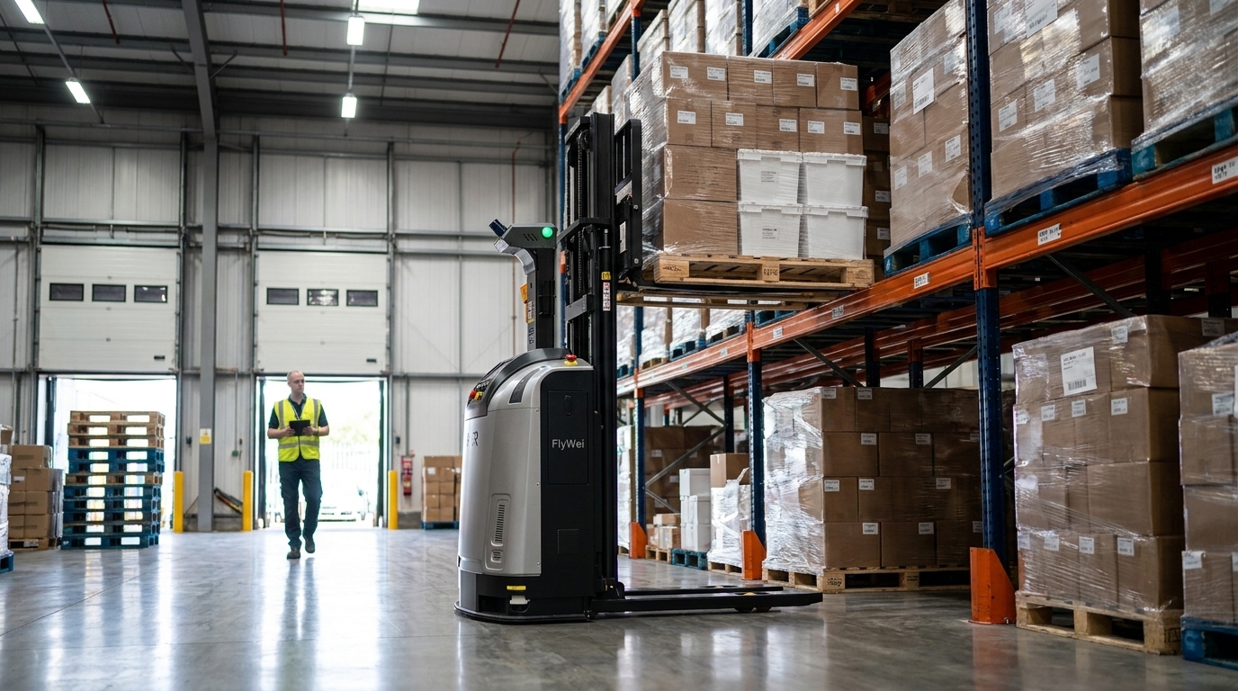 Carrelli elevatori AGV che posizionano un pallet in scaffalature a grande altezza in un centro di distribuzione farmaceutico del Regno Unito