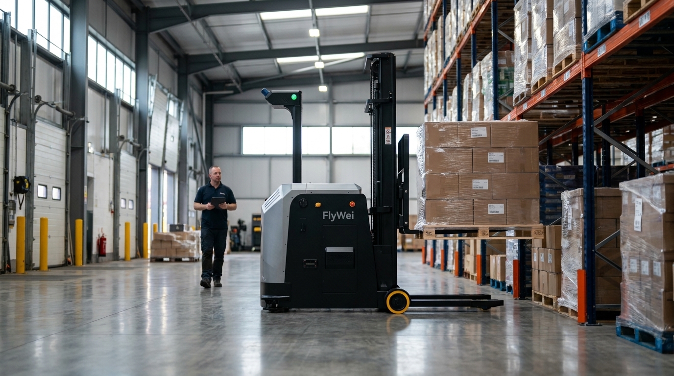 Driverless AGV forklift of narrow-aisle reach-truck class placing a pallet into reserve racking above the pick face in a UK e-commerce fulfilment centre