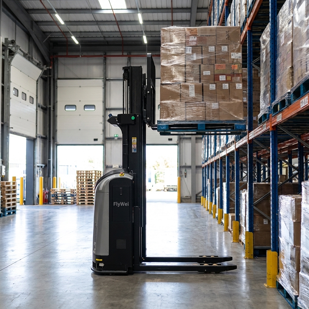 Autonomous AGV forklift moving a pallet in a live UK retail DC brownfield aisle, supervisor observing from a safety zone