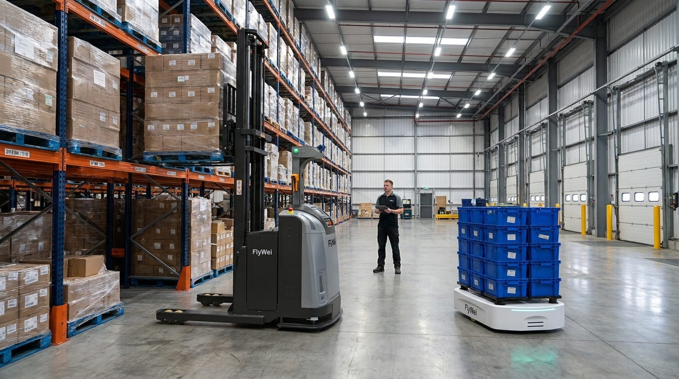 AGV مقابل AMR جنبًا إلى جنب في مستودع لوجستيات تعاقدية 3PL في المملكة المتحدة — رافعة شوكية ذاتية القيادة FlyWei متوازنة تسير داخل مسار نقل ثابت مطلي بجوار AMR FlyWei ذاتي التوجيه يتجنب منصة نقالة ضالة، مهندسان يرتديان سترات عالية الوضوح يراقبان من منطقة أمان محددة بالطباشير.