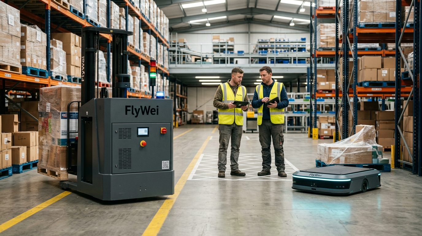 AGV vs AMR côte à côte dans un entrepôt de logistique contractuelle 3PL au Royaume-Uni — un chariot élévateur autonome contrebalancé FlyWei se déplaçant dans une voie de transit fixe peinte à côté d'un AMR FlyWei à levage latent et navigation libre évitant une palette égarée, deux ingénieurs en haute visibilité observant depuis une zone de sécurité délimitée à la craie.