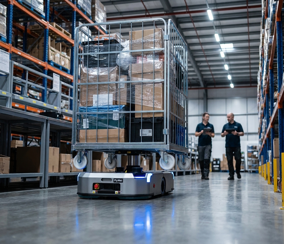 Robot móvil autónomo de elevación latente deslizándose bajo una jaula de paquetes de e-commerce dentro de un entresuelo de preparación de pedidos en el Reino Unido, mostrando el leasing de AMR en acción