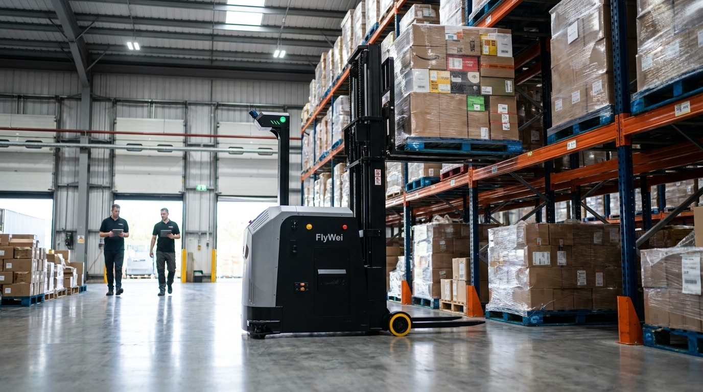 رافعة شوكية آلية AGV ترفع باليت من الكراتين في رصيف استلام البضائع بمركز تلبية طلبات التجارة الإلكترونية في المملكة المتحدة