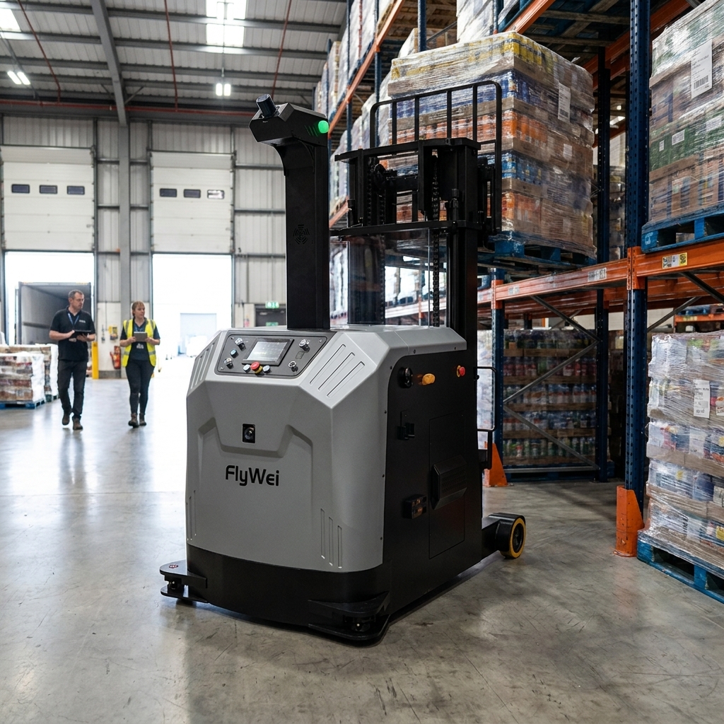Automatisierter Gabelstapler-AGV hebt eine stretchfolierte Palette mit FMCG-Kartons am Palettiererausgang einer britischen Verpackungslinie, Werksleiter beobachtet