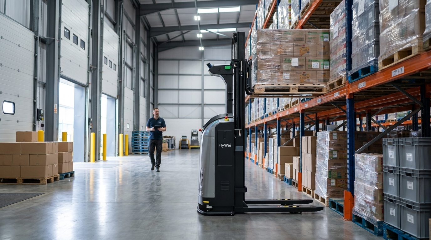 Automated forklift AGV lifting a shrink-wrapped pallet at a palletiser outfeed in a UK FMCG production hall