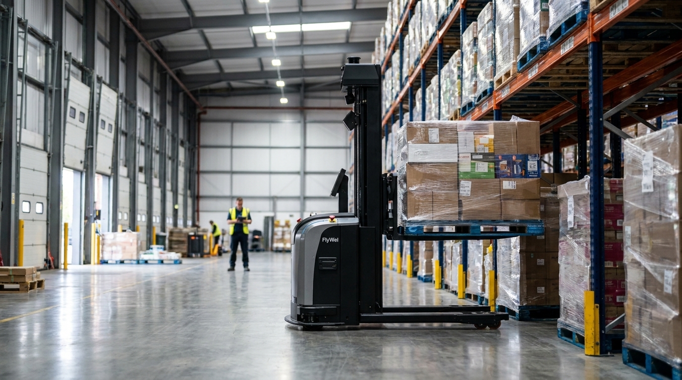 Schubmaststapler-AGV platziert eine Lebensmittelpalette in Hochregalen in einem britischen Einzelhandels-Distributionszentrum