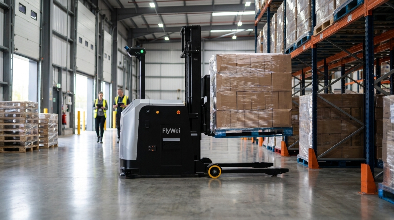 Gegengewichts-Autonomer Gabelstapler bewegt palettierte FMCG-Kartons in einem britischen Ambient-Distributionszentrum in der Nähe von Magna Park.