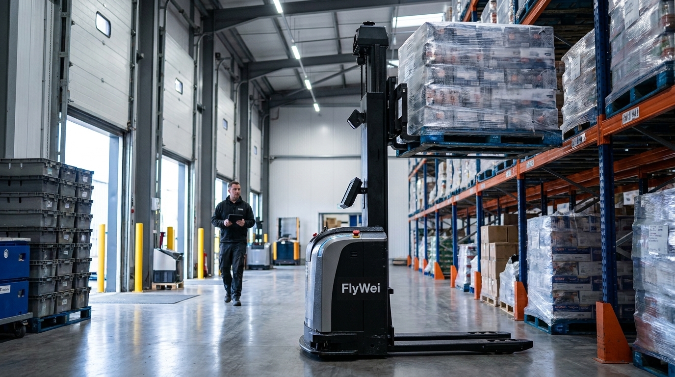 Fahrerloser Gegengewichts-Gabelstapler für Kühlhäuser transportiert eine gefrorene Palette durch ein frostverkleidetes UK-Kühlhaus, ein Supervisor beobachtet aus einer markierten Sicherheitszone