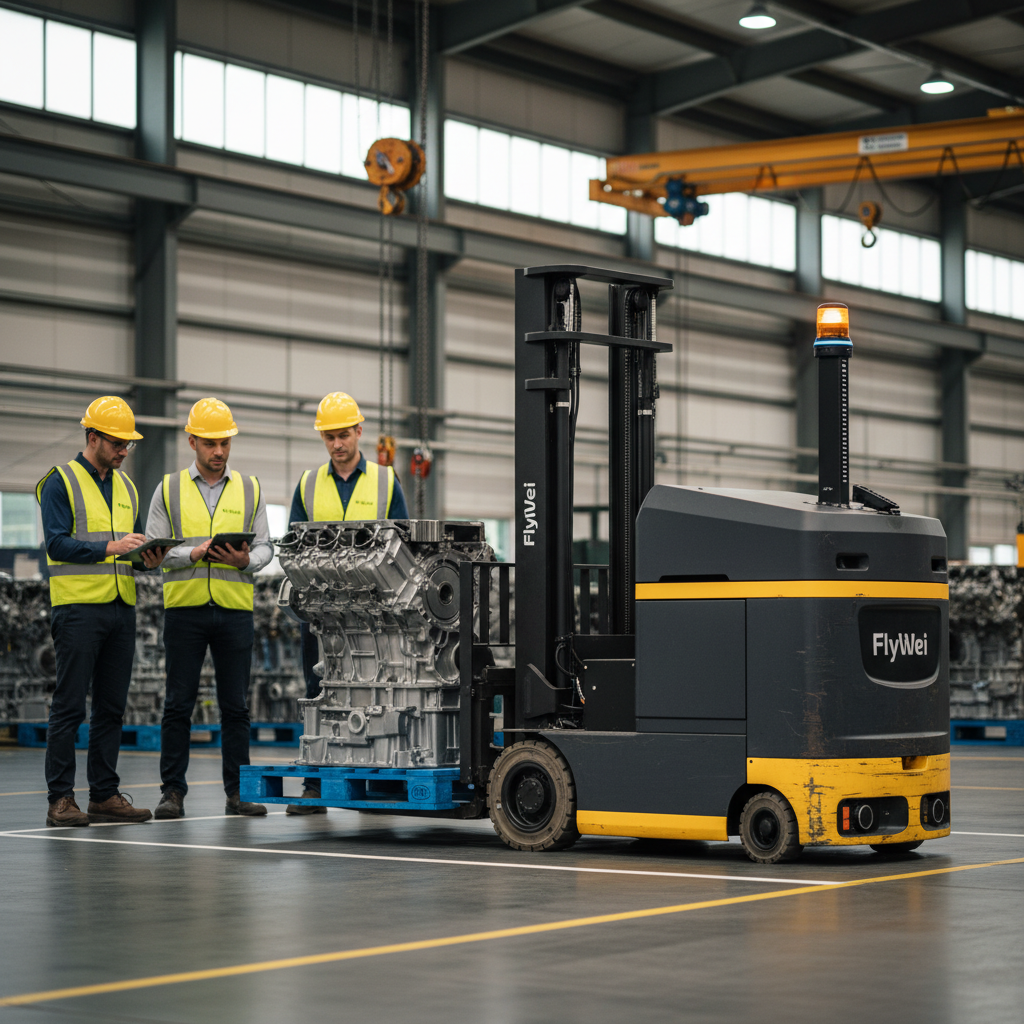 FlyWei autonomous counterbalanced forklift carrying a 1.8-tonne machined steel engine casting inside a UK heavy-industrial-parts plant near Daventry, illustrating autonomous forklift total cost of ownership UK case study.