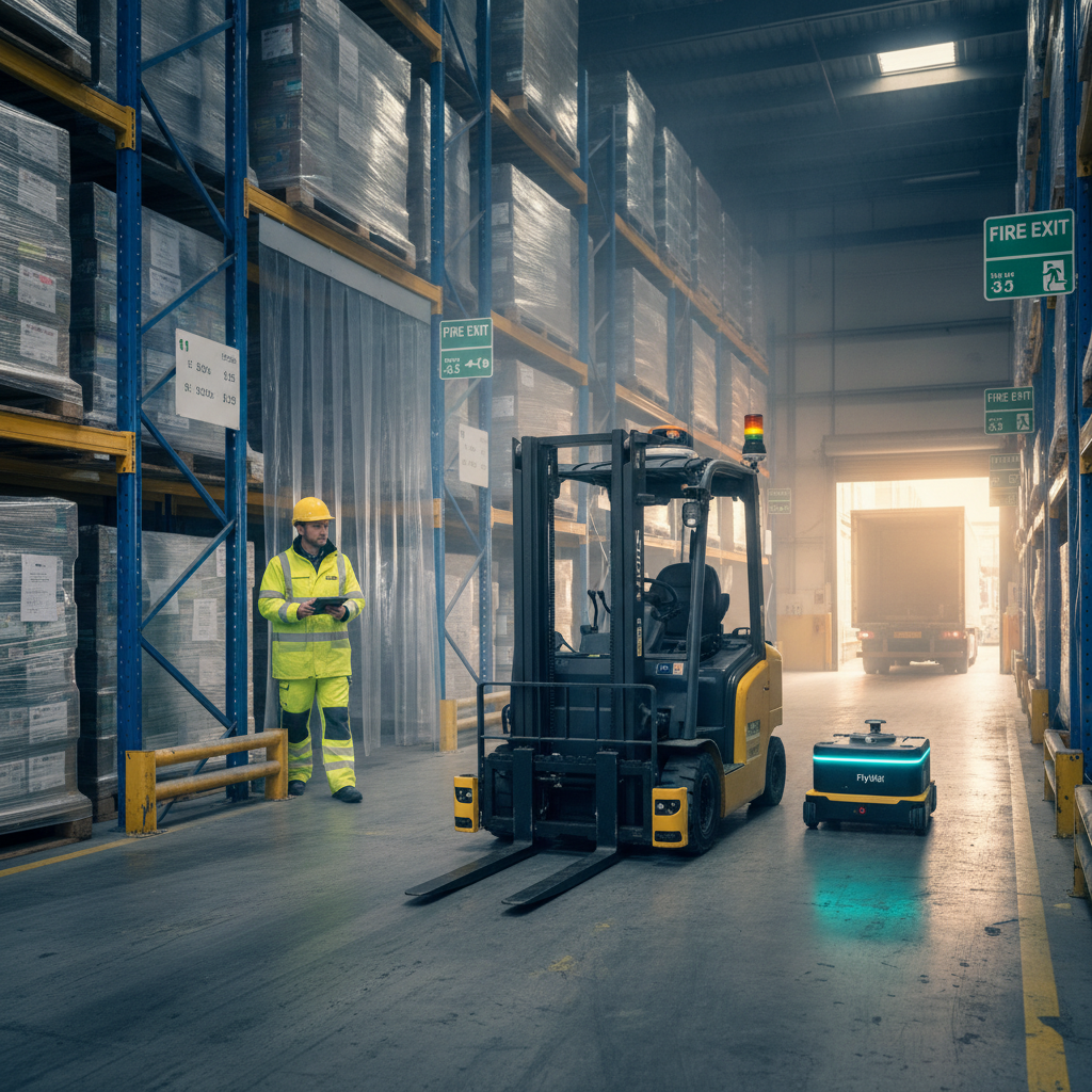FlyWei autonomous forklift operating in a UK frozen-food cold-store warehouse at minus 25 degrees Celsius, East Midlands chilled DC