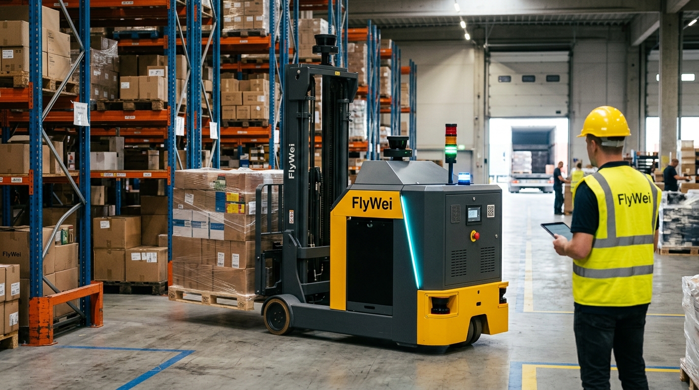 Autonomous counterbalance forklift retrofitted into conventional racking at a European 3PL warehouse, Benelux
