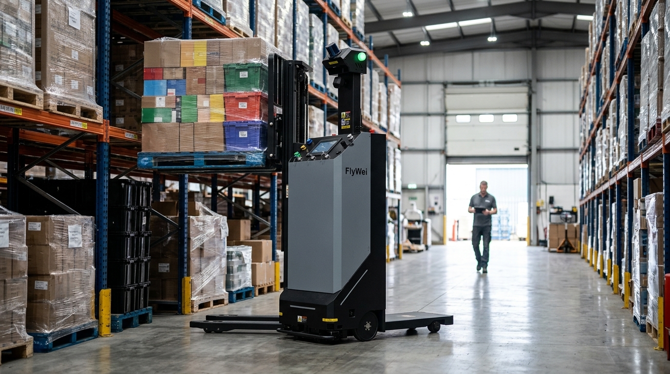 Counterbalanced autonomous forklift handling automotive engine components inside a Lombardy Tier-1 supplier plant, Northern Italy