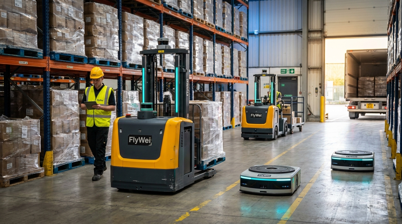FlyWei autonomous forklifts operating in a UK Midlands distribution centre with mixed-traffic pedestrian zoning