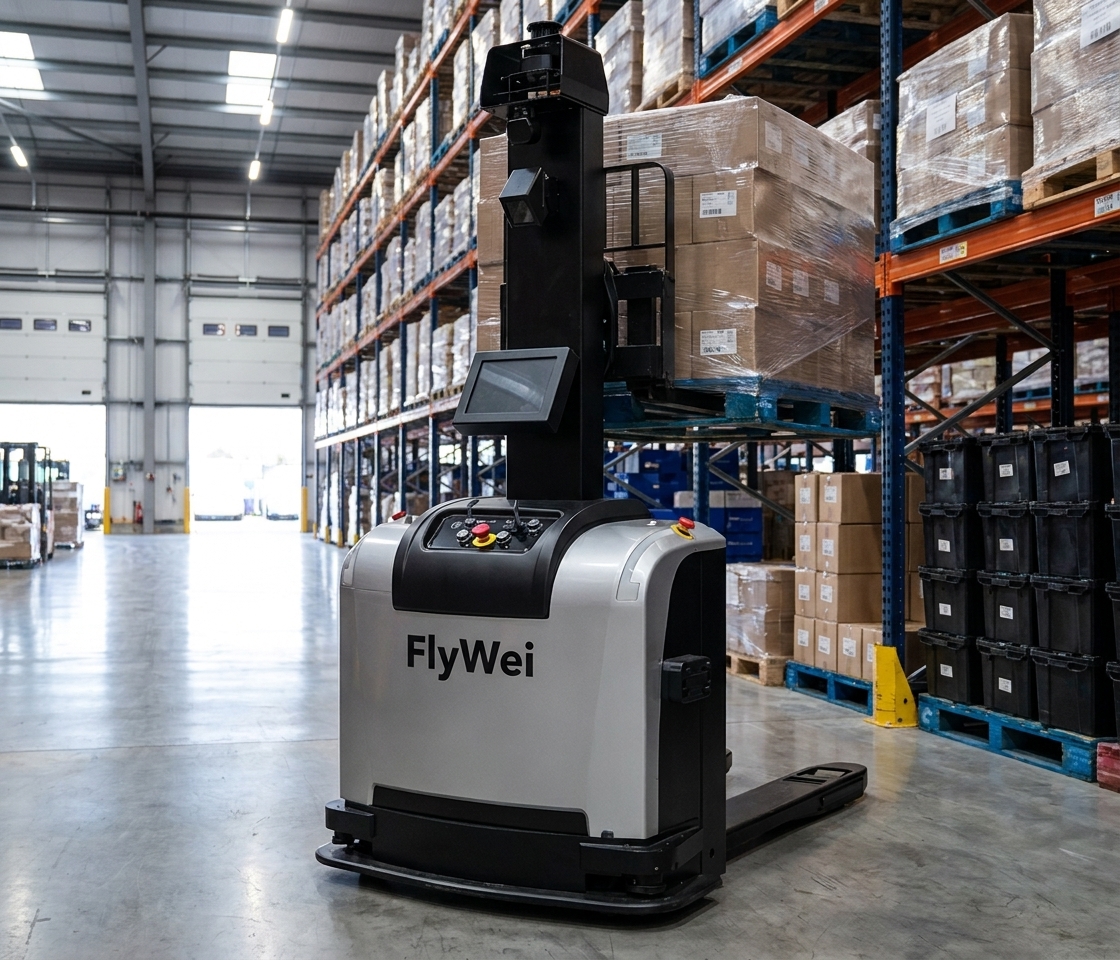 Autonomous forklifts in a UK heavy engineering plant: a driverless counterbalance truck moving a steel stillage of castings between machining cells