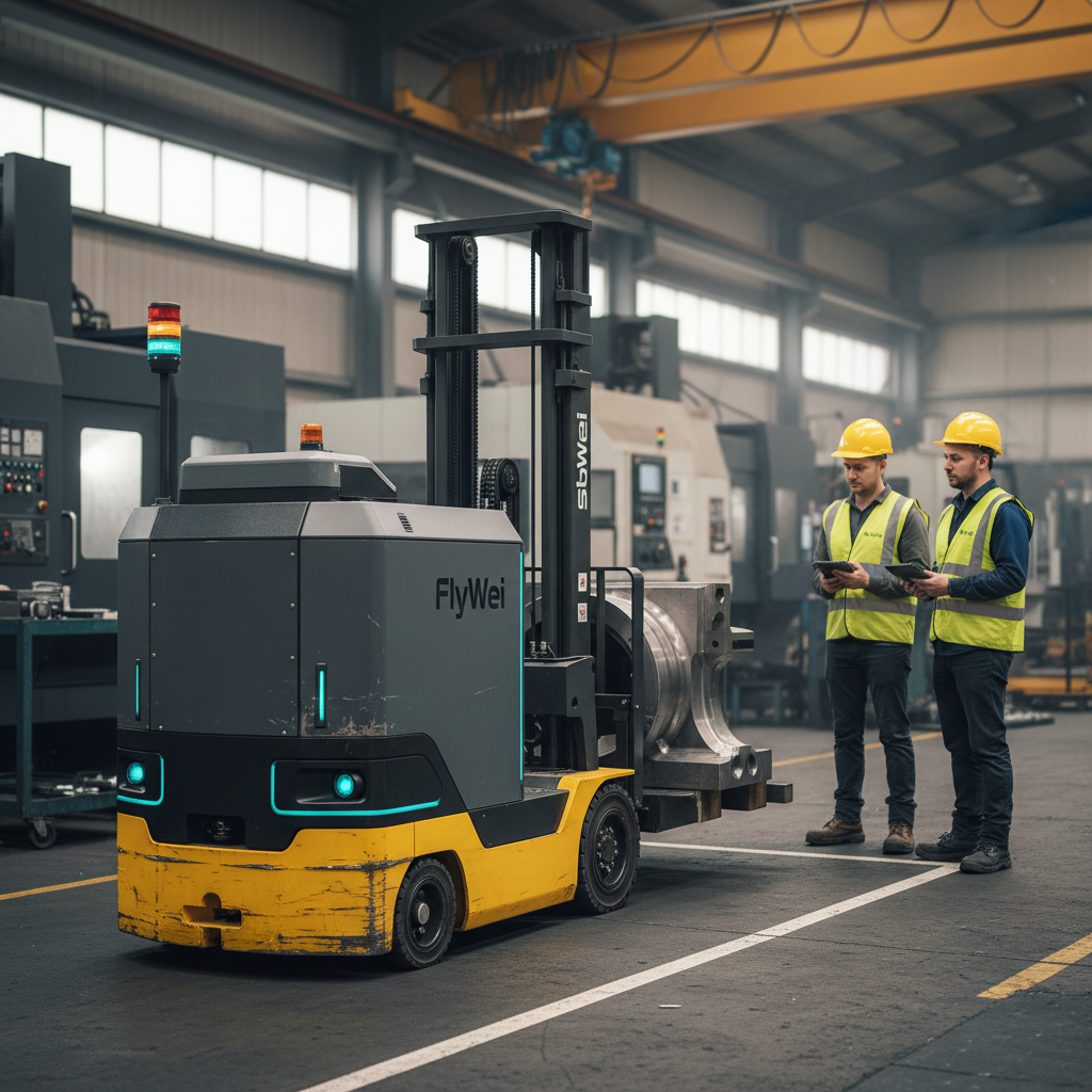 Counterbalanced autonomous forklift moving a heavy machined casting between CNC cells in a UK engineering plant