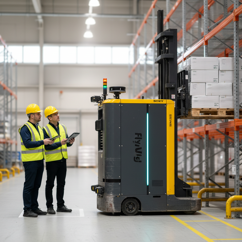 Autonomous reach-truck forklift slotting an e-commerce pallet into seven-metre racking inside a European distribution centre, with two supply-chain operators supervising.