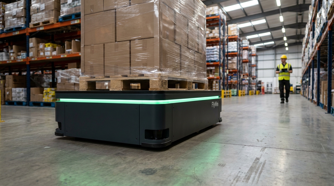 A FlyWei autonomous mobile robot (AMR) carrying a wrapped EUR pallet down a UK retail distribution-centre aisle, with a warehouse operator visible in the far background