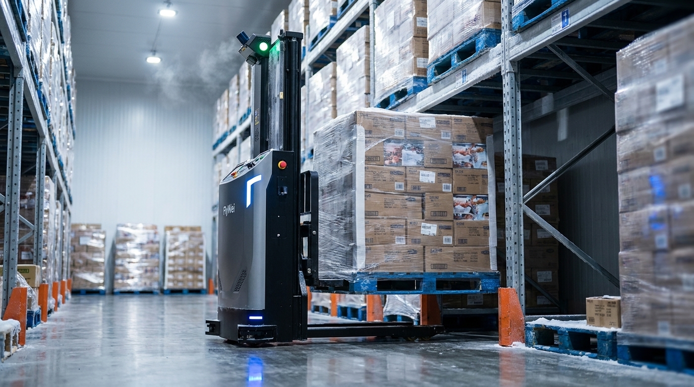 Autonomous pallet stacker placing a chilled pallet into narrow-aisle racking inside a UK cold store