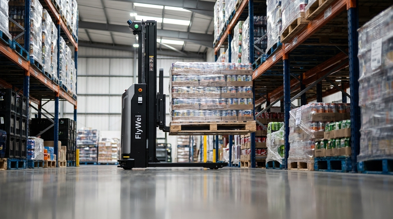 Autonomous pallet stacker che posiziona un carico di bevande pallettizzato in una scaffalatura a media altezza in un centro di distribuzione bevande nel Regno Unito