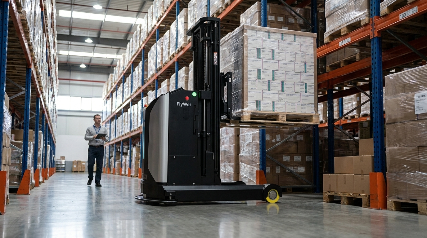 Schmalgang-Autonomer Palettenstapler in einem UK Pharma Distributionszentrum – fahrerloser 6 m Schubmaststapler in einem 1.7 m breiten Gang, BS EN ISO 3691-4 konform