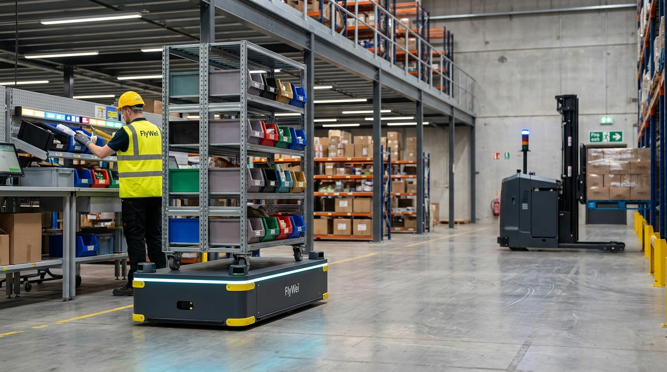Autonomous picking robot delivering a tote rack to a picker station in a UK e-commerce fulfilment centre