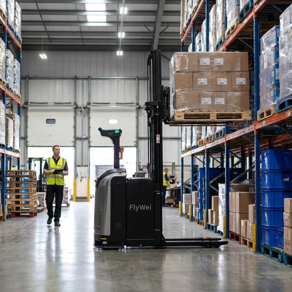 Two classes of FlyWei autonomous forklift working one aisle under a single fleet manager in a UK drinks distribution depot, multi-vendor robot fleet integration in practice