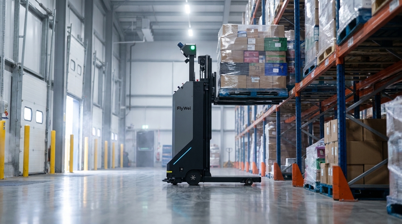 Autonomous forklift for cold storage lifting a frosted pallet into high-bay racking in a UK frozen store at minus 25
