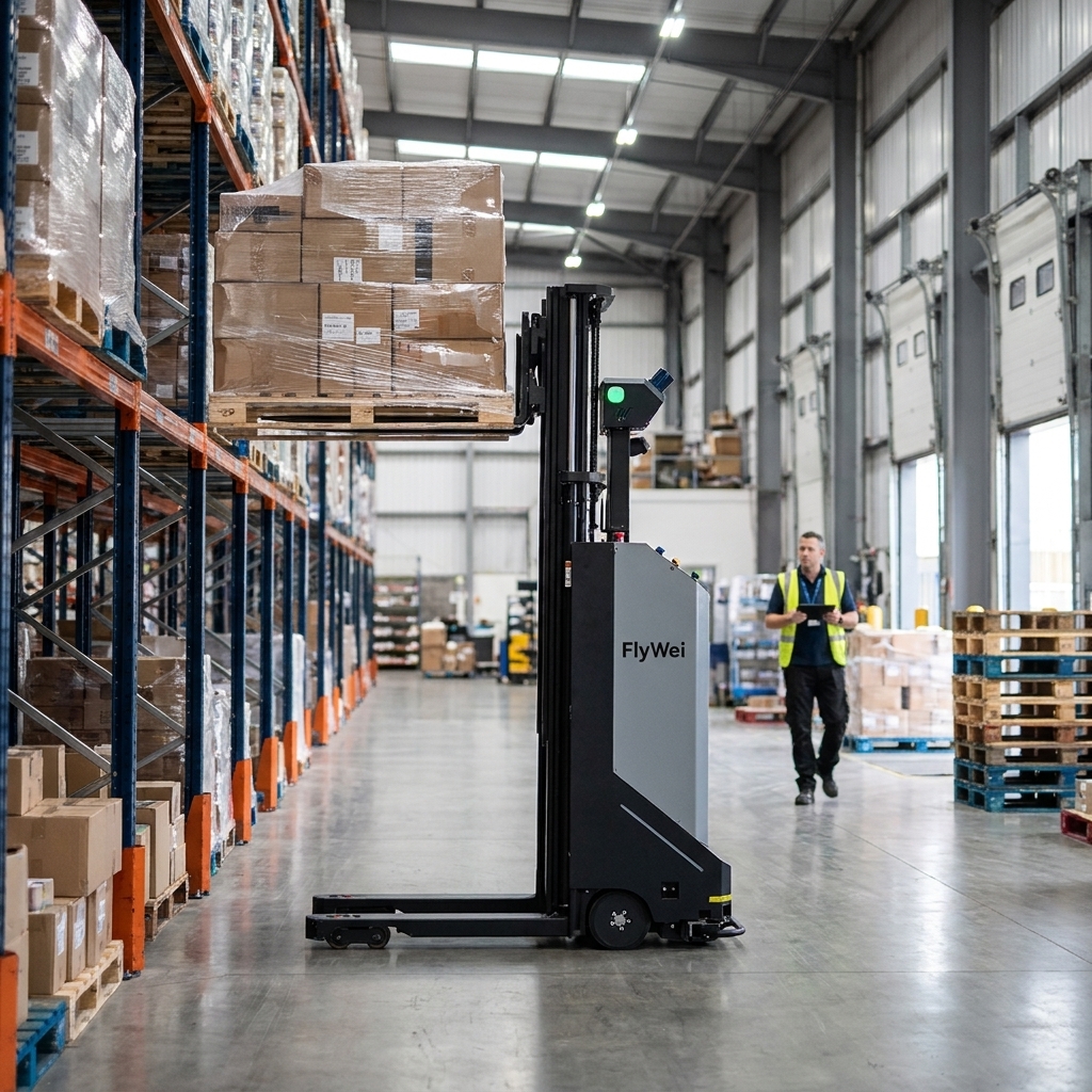 Pallet-truck autonomous forklift on a phased warehouse automation route in a UK 3PL contract logistics warehouse