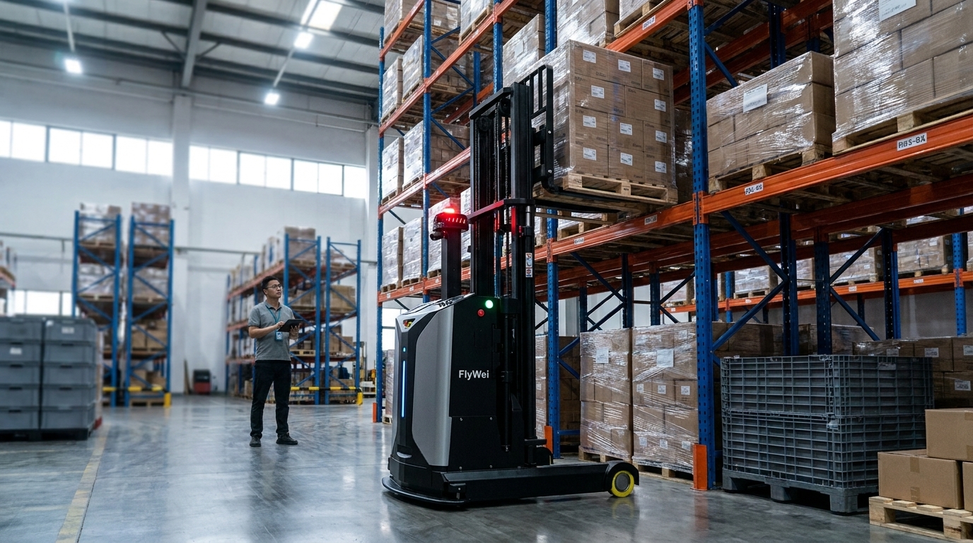 Carrello elevatore controbilanciato autonomo che sposta un pallet avvolto in film termoretraibile alla fine di una linea di produzione alimentare e bevande nel Regno Unito