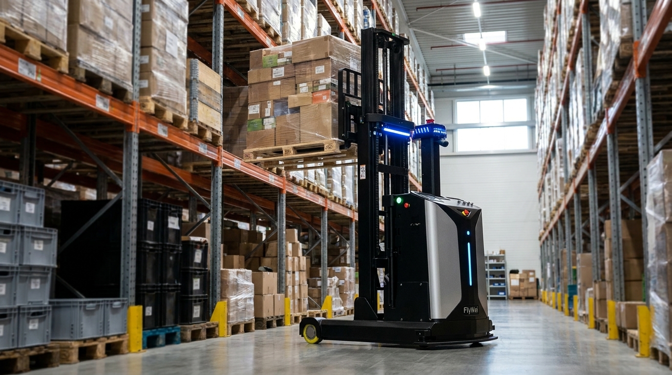 Una carretilla elevadora autónoma FlyWei moviendo un palé de comestibles envuelto en film estirable por el pasillo de cross-dock de un centro de distribución de supermercados y tiendas de alimentación del Reino Unido.