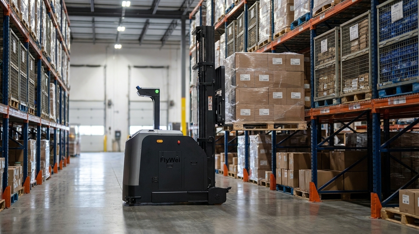 FlyWei autonomer Gegengewichtsstapler bei der Handhabung einer Papierrolle in einem britischen Papier-, Druck- und Verpackungslager