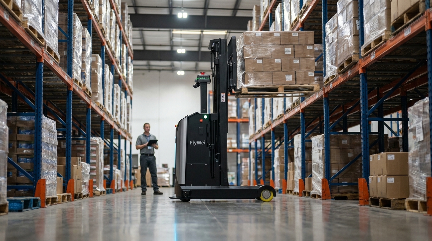 Ein autonomer FlyWei Gegengewichtsstapler transportiert eine Stahlspule in einem britischen Metall- und Stahl-Servicezentrum – herstellerneutrale autonome Gabelstapler-Handhabung in einer illustrativen Fallstudie.
