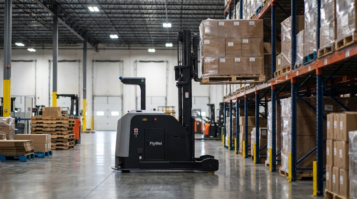 Carretilla elevadora contrapesada autónoma FlyWei moviendo un palé de productos lácteos retractilado dentro de un centro de distribución refrigerada del Reino Unido.