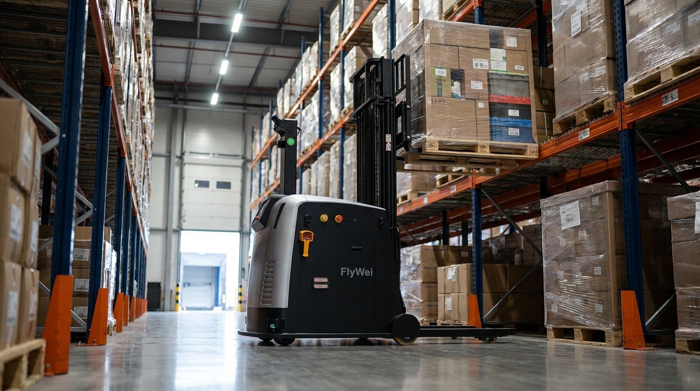 Carrello elevatore controbilanciato autonomo FlyWei che movimenta componenti pesanti di trattori pallettizzati in un magazzino di ricambi per macchinari agricoli nel Regno Unito