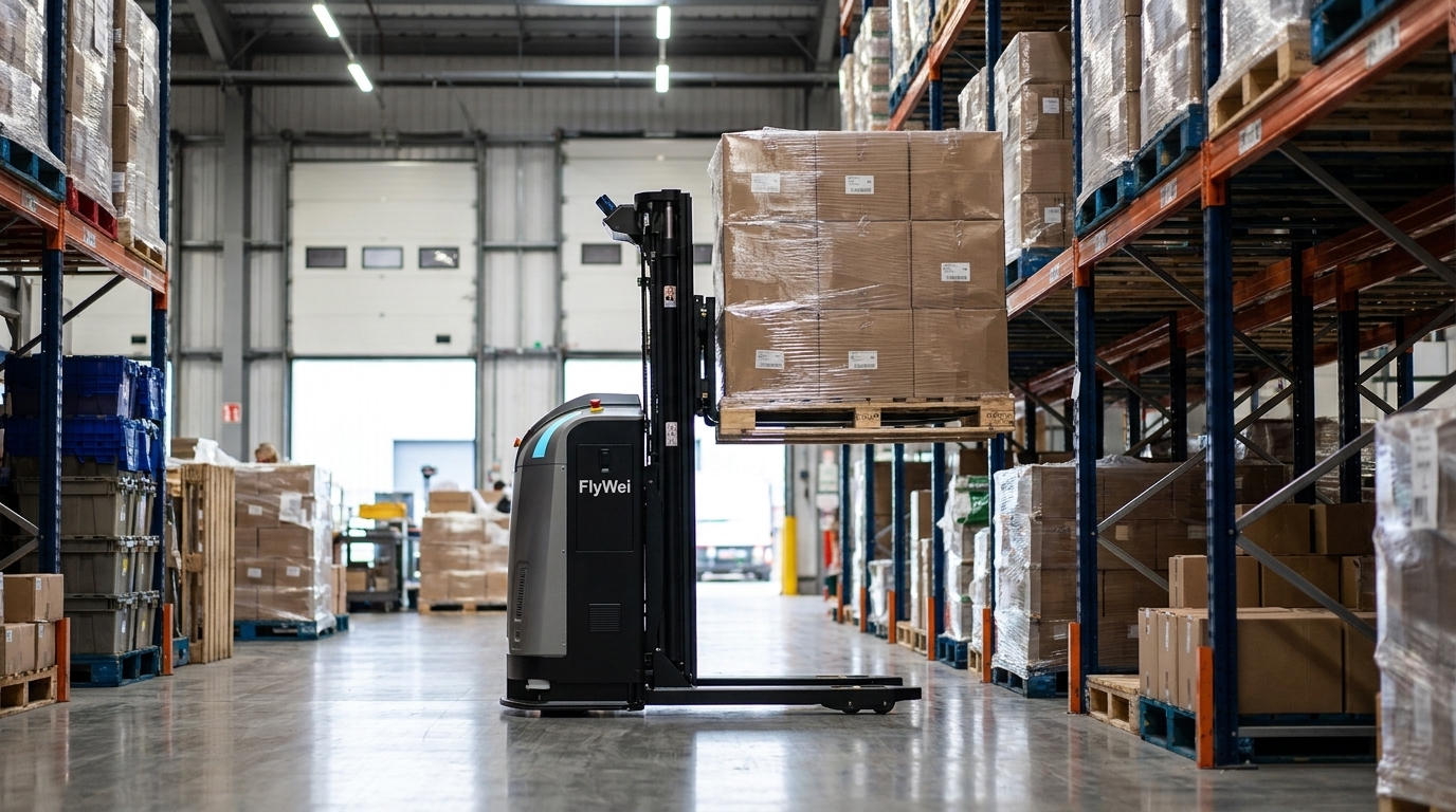 Un chariot élévateur autonome FlyWei déplaçant une palette Europe de caisses en plastique réutilisables dans un entrepôt réfrigéré de produits frais au Royaume-Uni.