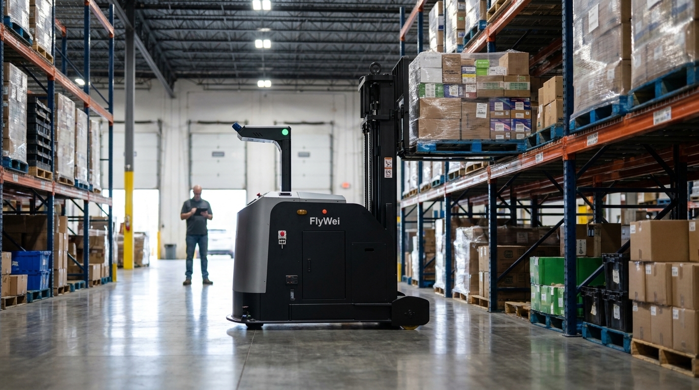 Un chariot élévateur à contrepoids autonome FlyWei déplaçant une palette de cartons de quincaillerie dans un centre de distribution d'outils, de quincaillerie et de fixations au Royaume-Uni