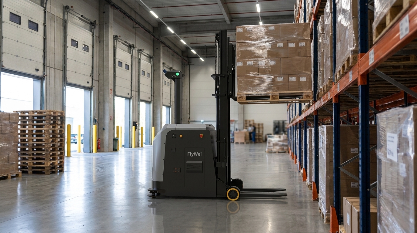 A FlyWei autonomous counterbalance forklift lifting a shrink-wrapped pallet of mixed FMCG grocery cases in the racking aisle of a UK fast-moving consumer goods distribution warehouse.