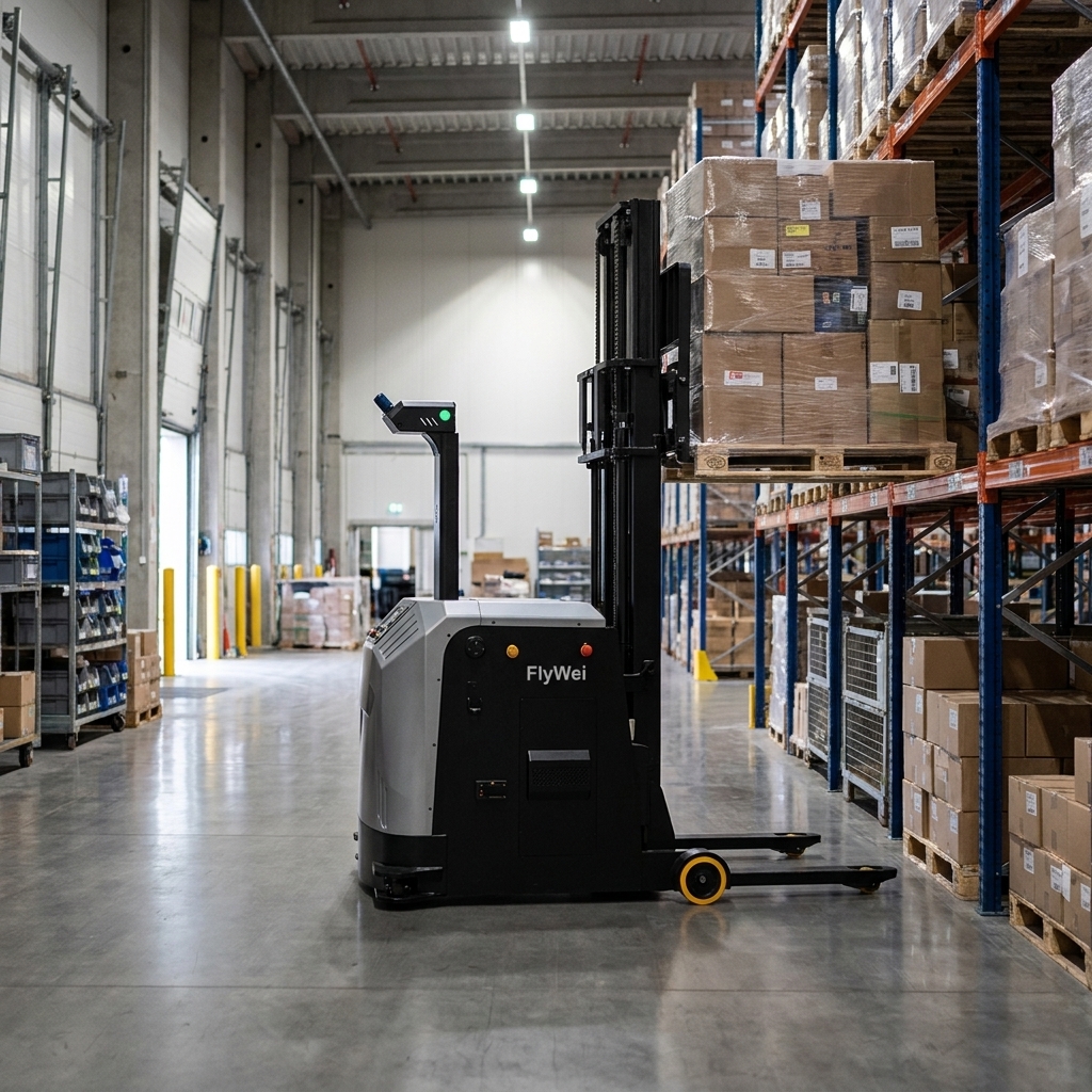 Un carrello elevatore controbilanciato autonomo FlyWei che trasporta un pallet imballato da un container a una corsia di smistamento in uscita in un magazzino di transito cross-dock per merci nel Regno Unito
