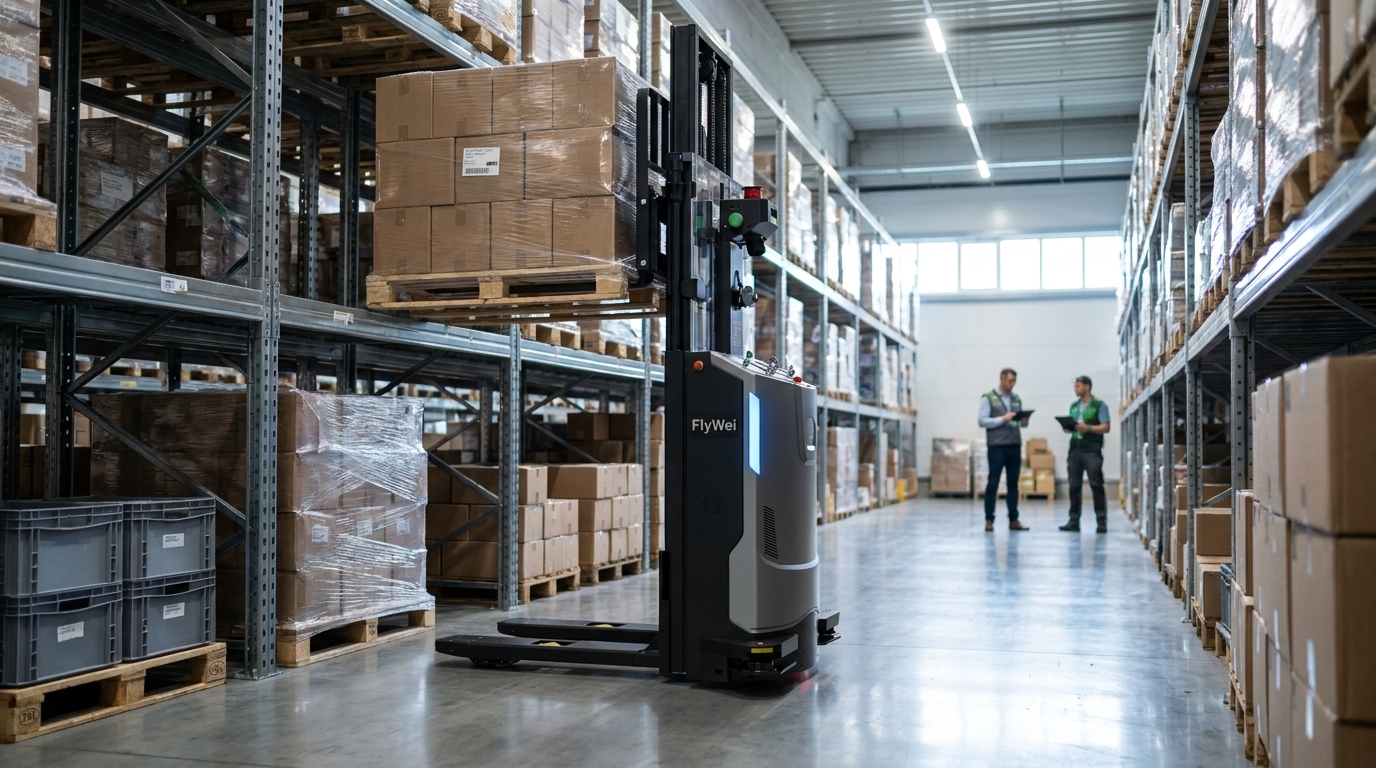 Driverless autonomous pallet stacker placing a shrink-wrapped pallet into racking in an existing UK food and beverage production warehouse