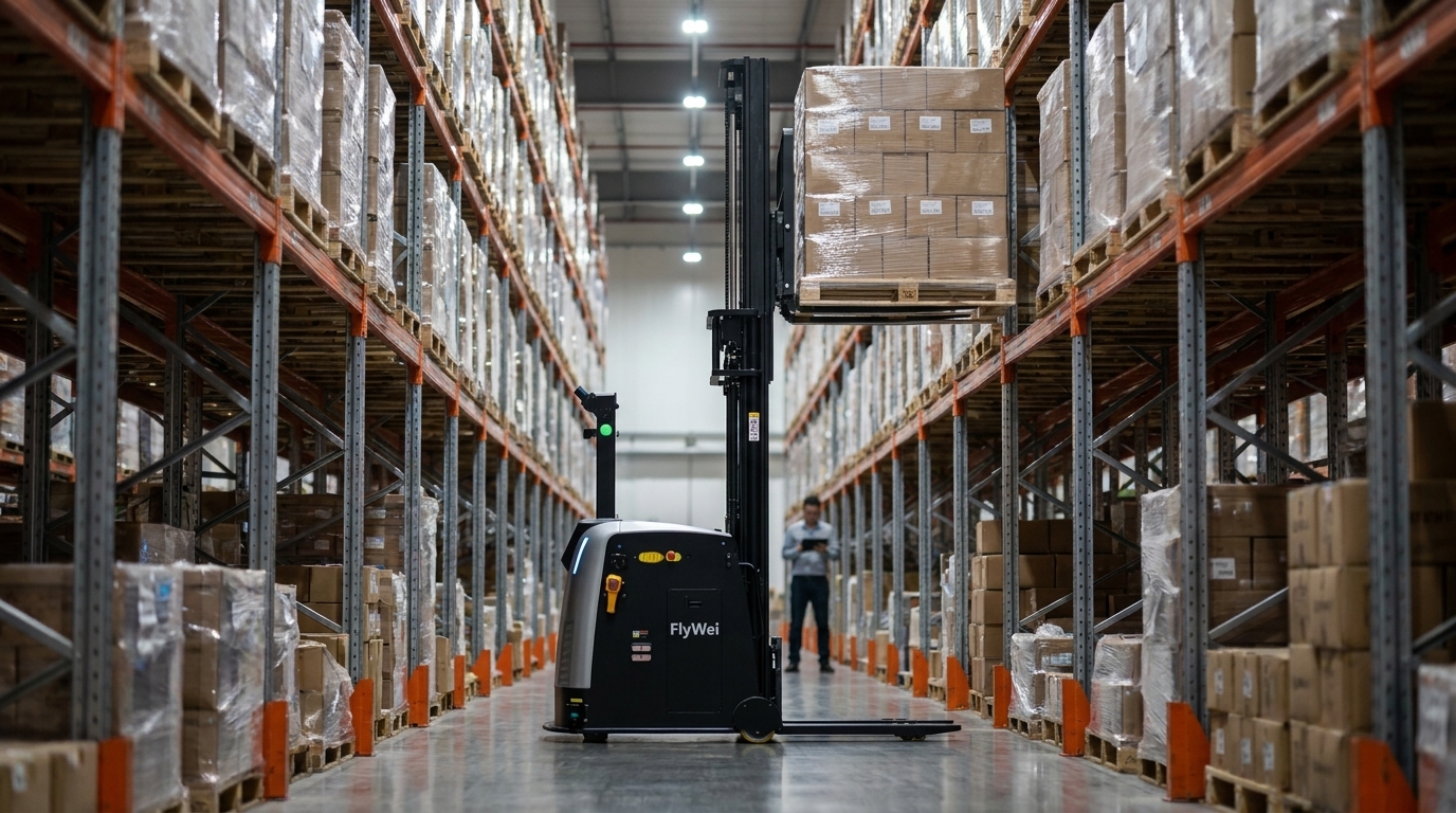 A FlyWei autonomous pallet truck carrying a wrapped chilled pallet through the insulated door between the chilled marshalling area and the ambient loading dock of a UK cold storage distribution centre