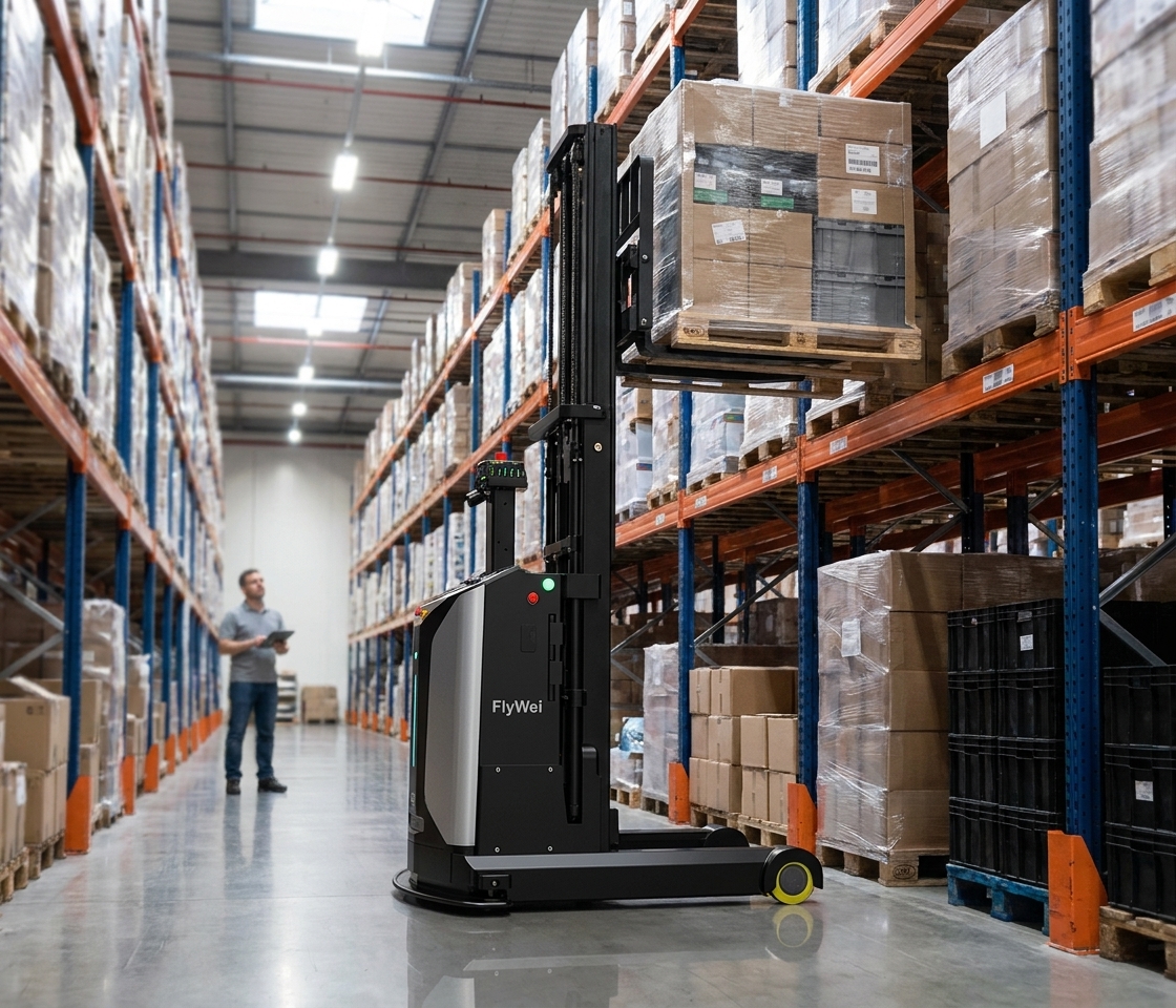 A driverless FlyWei autonomous forklift moving a wrapped grocery pallet down a narrow racking aisle in a UK supermarket distribution centre