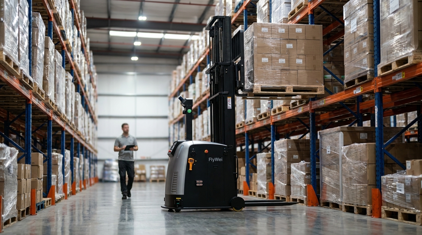 A FlyWei autonomous forklift carrying a wrapped pallet along a racking aisle in a UK e-commerce fulfilment centre, with no driver on board