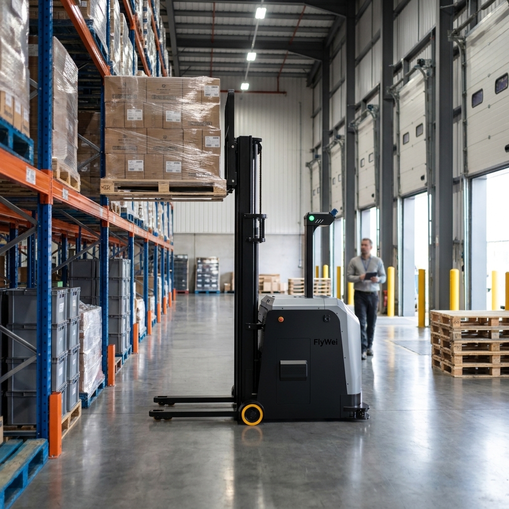 A FlyWei autonomous forklift carrying a wrapped pallet along a marked aisle in a UK third-party logistics warehouse, with high-bay racking and an inbound dock area behind it