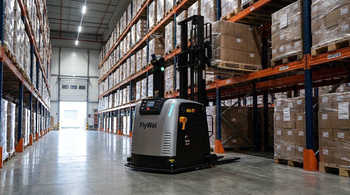A driverless FlyWei autonomous reach truck placing a pallet of sealed pharmaceutical cartons into narrow-aisle racking in a UK pharmaceutical distribution centre