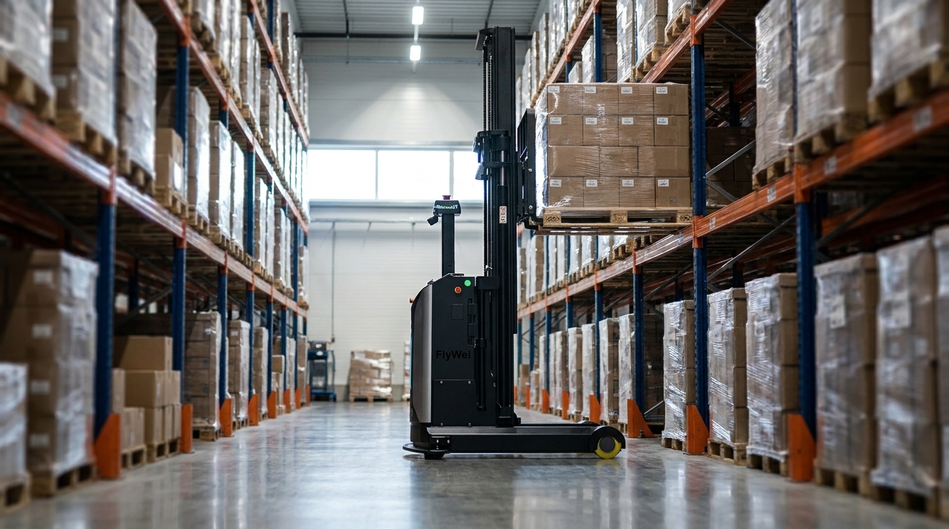 A FlyWei autonomous forklift carrying a pallet of medical device cartons through a clean, brightly lit UK medical devices and life sciences warehouse aisle