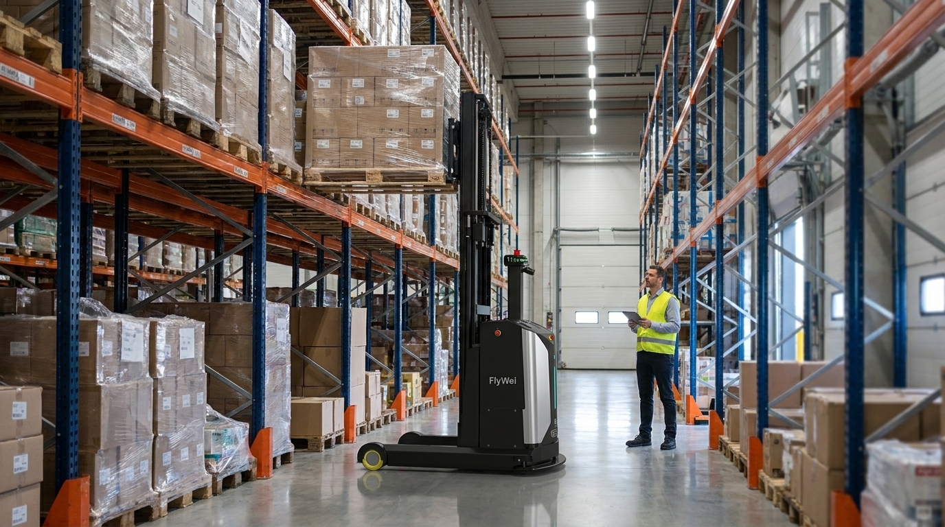 A driverless FlyWei autonomous counterbalance forklift carrying a steel stillage of components along a marked transit aisle in a UK automotive component manufacturing plant.