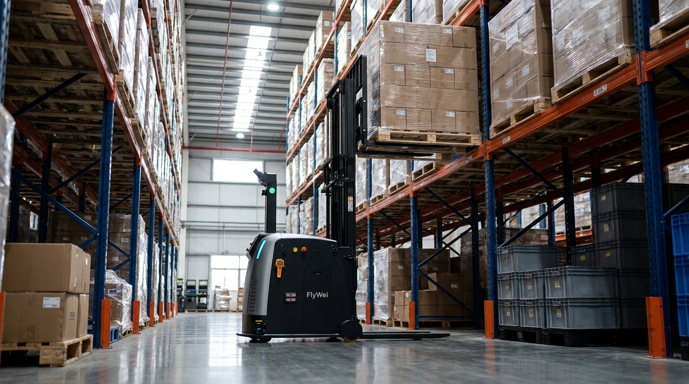 A FlyWei autonomous reach truck placing a pallet of boxed automotive parts into high racking in a UK automotive parts and aftermarket distribution centre