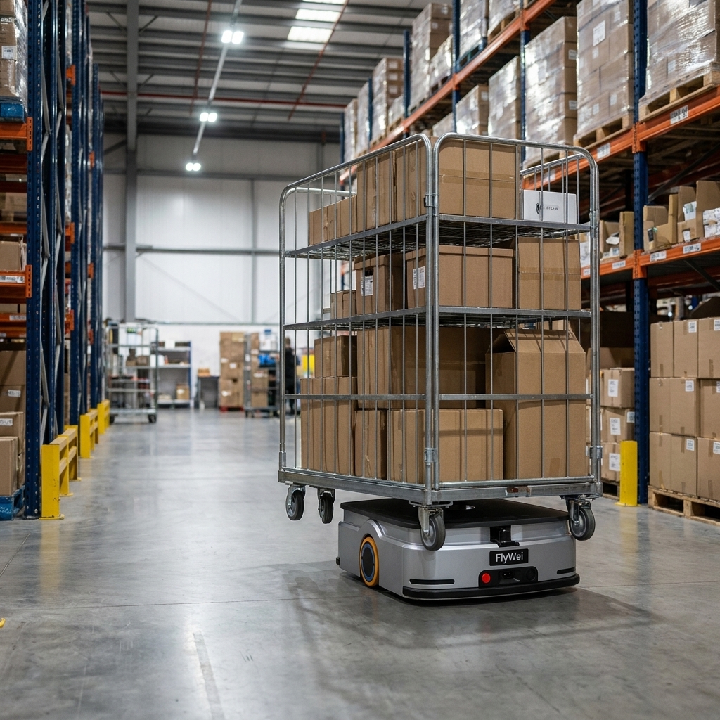 A driverless FlyWei autonomous reach truck retrieving a palletised spare part in the narrow aisle of a UK aerospace and defence spares and MRO warehouse, with a lifting AMR carrying a kit tote in the background.